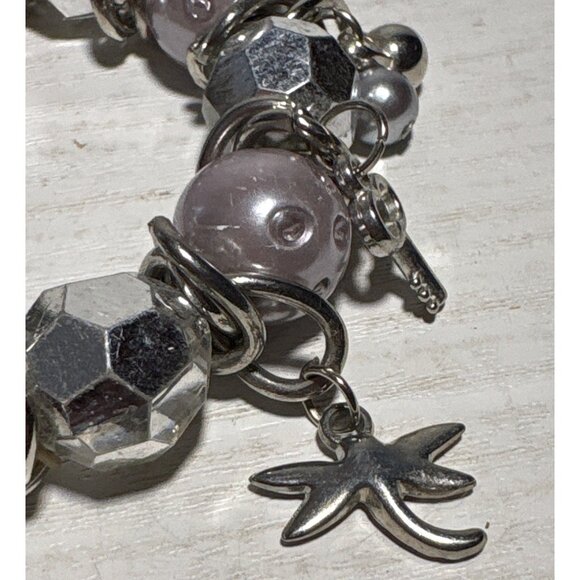 Vtg Charm Bracelet Silver Lavender Beaded Dolphin Starfish Key Accents Stretch - Picture 5 of 9